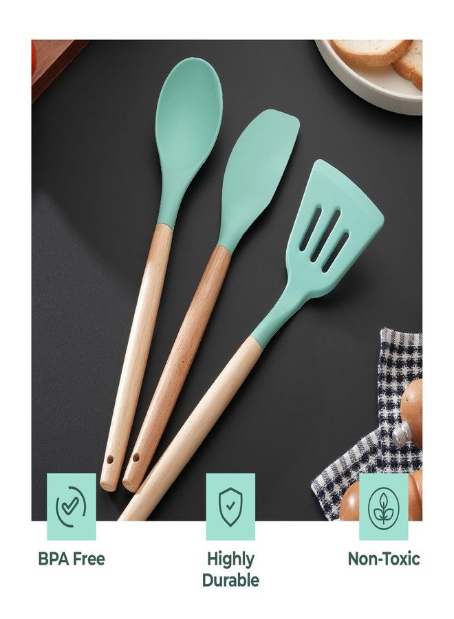 Lifelong Non-Stick Silicone Spatula Set | Set of 3-Spoon Spatulas, Slotted Turner, and Soup Ladle | Dishwasher Safe, Silicone Spatulas with Wooden Handle for Serving & Cooking | (LLCTSLW03,Green) - Image 4